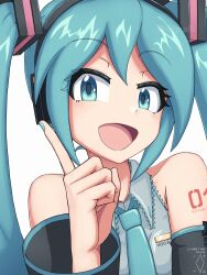 1girl :d aqua_eyes aqua_hair aqua_necktie artist_logo artist_name black_sleeves collared_shirt commentary_request dated detached_sleeves digiral grey_shirt hair_ornament hand_up hatsune_miku headphones highres index_finger_raised logo long_hair long_sleeves looking_at_viewer necktie number_tattoo open_mouth portrait shirt simple_background sleeveless sleeveless_shirt smile solo tattoo twintails twitter_username vocaloid watermark white_background