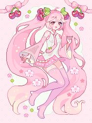 Rule 34 | 1girl, absurdly long hair, ahoge, animated, animated gif, blinking, boots, breasts, cherry, cherry hair ornament, detached sleeves, food, food-themed hair ornament, fruit, full body, hair ornament, hatsune miku, highres, long hair, looping animation, mimpish, miniskirt, necktie, open mouth, pink boots, pink eyes, pink hair, pink necktie, pixel art, pleated skirt, sakura miku, shirt, skirt, sleeveless, sleeveless shirt, small breasts, smile, solo, thigh boots, very long hair, vocaloid