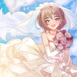 blue_sky blush bouquet braid bridal_gauntlets bridal_veil bride brown_hair crown_braid dated dress flower freckles highres holding holding_bouquet idolmaster idolmaster_cinderella_girls kate_(idolmaster) kevn looking_at_viewer sky smile strapless strapless_dress veil wedding_dress