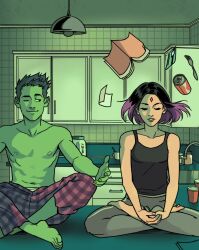 1boy 1girl beast_boy_(dc) black_eyes colored_skin couple dc_comics floating floating_hair floating_object gabriel_picolo green_hair green_skin happy highres meditation nipples one_eye_closed pointy_ears purple_hair raven_(dc) serious smile teen_titans wink
