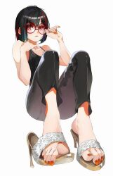 1girl black_hair black_pants breasts collarbone commentary davoxime english_commentary feet foot_focus full_body hands_up high_heel_sandals highres knees_up looking_at_viewer medium_hair multicolored_hair nail_polish orange_eyes orange_nails original pants parted_lips red-framed_eyewear red_hair round_eyewear sandals shoe_dangle simple_background sitting small_breasts solo streaked_hair toenail_polish toenails toes white_background