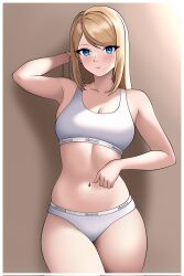1girl arm_up blonde_hair blue_eyes blush bra breasts cleavage clothes_writing collarbone copyright_name cowboy_shot hair_down highres long_hair mcarthur1010 medium_breasts metroid mole mole_under_mouth navel nintendo panties samus_aran solo stomach straight_hair underwear white_bra white_panties