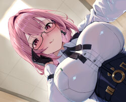 1girl black_gloves blush breasts collared_shirt earrings gloves hair_between_eyes highres hourglass_earrings jewelry large_breasts liar_lawyer licking_lips long_hair long_sleeves looking_at_viewer parted_lips pink_eyes pink_hair shirt smile tongue tongue_out tsukishiro_yanagi upper_body white_shirt zenless_zone_zero