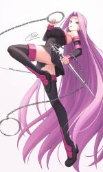 1girl bare_shoulders black_dress black_thighhighs breasts chain collar detached_sleeves dress facial_mark fate/stay_night fate_(series) forehead forehead_mark full_body highres kamo_ashi large_breasts long_hair looking_at_viewer medusa_(fate) medusa_(rider)_(fate) nameless_dagger_(fate) parted_bangs purple_eyes purple_hair short_dress sidelocks thighhighs very_long_hair weapon