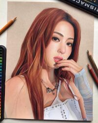 1girl absurdres art_tools_in_frame artrishtryy asian blue_gloves brown_eyes brown_hair collarbone colored_pencil colored_pencil_(medium) eyelashes eyeshadow fingerless_gloves gloves hand_to_own_mouth heart highres huh_yun-jin jewelry k-pop le_sserafim long_hair makeup mole mole_on_arm necklace parted_lips pencil photo_(medium) pink_nails real_life solo traditional_media