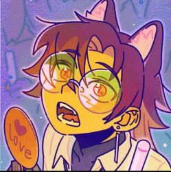 animal_ear_fluff animal_ears brown_hair candy cat_ears cat_girl earrings fluffy_hair food fox_boy fox_ears fox_girl fox_tail furry highres jewelry lollipop open_mouth portrait round_eyewear sharp_teeth short_hair slit_pupils tail teeth yellow_eyes