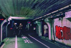Rule 34 | 2girls, behind another, black bag, black jacket, black pants, black shirt, black shoes, blonde hair, bridge, brown shoes, character request, city, copyright request, decay, faceless, faceless female, facing to the side, graffiti, holding, holding hands, holding sword, holding weapon, industrial pipe, jacket, light particles, looking ahead, looking at viewer, multiple girls, night, novale110, original, outdoors, pants, red hair, road, road sign, scabbard, sheath, shirt, shoes, sign, sleeves rolled up, sword, tunnel, underpass, weapon