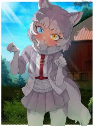 1girl animal_ears barn baseball blue_eyes blush commentary_request cowboy_shot dog_(mixed_breed)_(kemono_friends) dog_ears dog_girl dog_tail elbow_gloves gloves grey_hair grey_jacket grey_skirt harness heterochromia highres jacket kedama_(ughugjydthjdf) kemono_friends multicolored_hair multicolored_jacket open_clothes open_jacket pantyhose paw_pose pleated_skirt scarf shirt short_hair short_sleeves skirt solo sweater tail two-tone_hair two-tone_jacket white_gloves white_hair white_jacket white_pantyhose white_scarf white_shirt white_sweater yellow_eyes