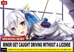 1girl arms_behind_back back_bow blush bow bronya_zaychik bronya_zaychik_(herrscher_of_reason) commentary crossed_bangs dress english_commentary english_text engrish_text female_focus gloves hair_between_eyes hair_ornament honkai_(series) honkai_impact_3rd long_hair looking_at_viewer lying meme on_stomach open_mouth purple_dress purple_eyes ranguage restrained sheita shibari sidelocks silver_hair solo tearing_up white_legwear