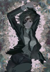 1girl arms_up black_eyes black_hair black_jacket black_necktie black_pants chainsaw_man cheshire_nek cigarette collared_shirt eyepatch formal_clothes highres himeno_(chainsaw_man) jacket lying necktie on_back open_clothes open_jacket pant_suit pants shirt solo suit suit_jacket white_shirt
