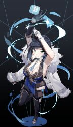 1girl absurdres arm_up asymmetrical_gloves black_hair black_thighhighs blue_dress blunt_bangs bob_cut breasts cleavage commentary diagonal_bangs dice dress earrings fur-trimmed_jacket fur_trim genshin_impact gloves green_eyes highres jacket jacket_on_shoulders jewelry large_breasts long_sleeves seizou_hidzuke smile solo standing standing_on_one_leg thighhighs vision_(genshin_impact) white_gloves white_jacket yelan_(genshin_impact)