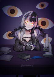 1girl absurdres black_arm_warmers black_choker black_coat black_dress black_hair book breasts choker cleavage closed_mouth coat dress fur-trimmed_coat fur_trim grey_hair highres holding holding_scissors hololive hololive_english large_breasts long_hair looking_at_viewer medium_breasts microscope multicolored_hair paper potatoboat quill ribbon scissors shiori_novella shiori_novella_(1st_costume) smile solo split-color_hair striped_arm_warmers table two-tone_hair virtual_youtuber white_ribbon yellow_eyes yorick_(shiori_novella)