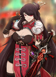 1girl absurdres beidou_(genshin_impact) black_hairband black_leotard black_thighhighs blackcliff_slasher_(genshin_impact) breasts brown_hair china_dress chinese_clothes cleavage cleavage_cutout clothing_cutout commentary dress earrings elbow_gloves english_commentary eyepatch fingerless_gloves genshin_impact gloves grin hair_ornament hair_stick hairband highres holding holding_sword holding_weapon jewelry large_breasts leotard long_hair parted_lips pelvic_curtain red_dress red_eyes single_sidelock smile solo sword thighhighs weapon