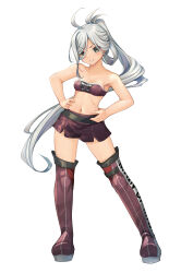 1girl absurdres ahoge aqua-framed_eyewear aqua_bow aqua_bowtie asashimo_(kancolle) bandeau bow bowtie braid clothes_writing commentary_request detached_collar full_body grey_eyes grey_hair grin hair_between_eyes hair_ribbon hands_on_own_hips highres kantai_collection long_hair looking_at_viewer midriff navel parted_lips ponytail purple_bandeau purple_shorts purple_thighhighs race_queen ribbon shorts simple_background smile solo standing thighhighs white_background white_ribbon yashin_(yasinz)