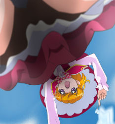 Rule 34 | 1girl, asahina mirai, blonde hair, cloud, day, female focus, haruyama kazunori, hat, magic school uniform (mahou girls precure!), mahou girls precure!, open mouth, precure, school uniform, short hair, sky, solo, upside-down, wand, witch hat