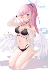 1girl absurdres alternate_costume alternate_hairstyle bare_shoulders bikini black_bikini black_choker blonde_hair blue_archive blush breasts choker cleavage collarbone commentary_request full_body hair_between_eyes hand_up high_ponytail highres long_hair looking_at_viewer low_wings medium_breasts mika_(blue_archive) navel o-ring o-ring_bikini open_clothes open_shirt pink_hair ponytail see-through_clothes see-through_shirt see-through_sleeves seiza shadow shirt simple_background sitting solo stomach swimsuit syuma very_long_hair white_background white_shirt white_wings wings wristband yellow_eyes