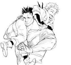 2boys beard_stubble boku_no_hero_academia burn_scar carrying carrying_over_shoulder carrying_person closed_mouth endeavor_(boku_no_hero_academia) facial_hair forked_eyebrows fur-trimmed_jacket fur_trim gloves hand_on_another&#039;s_back hawks_(boku_no_hero_academia) jacket laughing looking_ahead male_focus multiple_boys open_mouth pants scar scar_on_face simple_background stubble superhero_costume teeth tosakinmame upper_body upper_teeth_only white_background