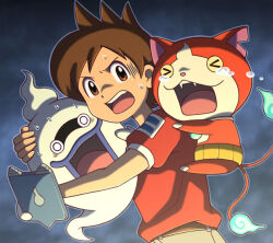 &gt;_&lt; 1boy amano_keita brown_eyes brown_hair cyaneko fangs fire flame-tipped_tail ghost hug jibanyan male_focus official_style open_mouth red_shirt scared shirt short_hair tablet_pc tail tears whisper_(youkai_watch) youkai_(youkai_watch) youkai_watch