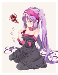 1girl blindfold blindfold_lift breasts collar cosplay detached_sleeves dress euryale_(fate) fate/hollow_ataraxia fate/stay_night fate_(series) female_focus highres long_hair medusa_(fate) medusa_(rider)_(fate) medusa_(rider)_(fate)_(cosplay) oversized_clothes purple_eyes purple_hair sitting small_breasts solo thighhighs twintails wariza yuu-yuu