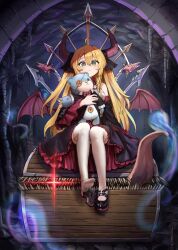 1girl abaaaaaaa bare_shoulders black_shoes black_skirt black_sleeves blonde_hair cave demon_horns demon_wings detached_sleeves frilled_skirt frills full_body gothic_lolita green_eyes highres holding holding_stuffed_toy horns lolita_fashion long_hair looking_at_viewer mary_janes original purple_wings right_shoe_removed sharp_teeth shoes single_shoe sitting sitting_on_chest skirt solo spirit straight-on stuffed_animal stuffed_toy teddy_bear teeth thighhighs tongue tongue_out treasure_chest two_side_up white_thighhighs wings