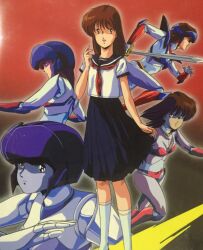 1980s_(style) 1girl brown_eyes brown_hair closed_mouth commentary dual_persona full_body habara_nobuyoshi helmet holding holding_sword holding_weapon leina_stol long_hair looking_at_viewer machine_robo machine_robo_chronos_no_dai_gyakushuu official_art oldschool open_mouth retro_artstyle school_uniform skirt smile solo sword weapon