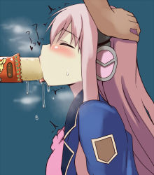 10s 1girl :&gt;= atahuta blue_background blush breath closed_eyes fellatio food hand_on_another&#039;s_head headphones hetero long_hair oral petite pink_hair profile saliva sexually_suggestive simulated_fellatio sweat tantei_opera_milky_holmes tongue tongue_out tooyama_saku translated trembling umaibou upper_body