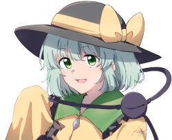1girl aqua_hair artist_name black_hat bow buttons collared_shirt diamond_button frills green_eyes hair_between_eyes hand_up hat hat_bow highres kage_ochi komeiji_koishi long_sleeves looking_at_viewer open_mouth shirt short_hair simple_background smile solo third_eye touhou upper_body white_background wide_sleeves yellow_bow yellow_shirt