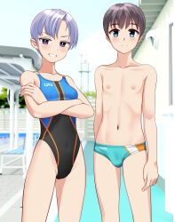 1boy 1girl absurdres age_difference androgynous aqua_male_swimwear black_hair black_one-piece_swimsuit blue_eyes blue_sky breasts cloud commentary_request competition_swimsuit crossed_arms day grey_eyes grin highres male_swimwear multicolored_male_swimwear multicolored_swimsuit one-piece_swimsuit original outdoors purple_eyes short_hair sky small_breasts smile standing swim_briefs swimsuit takafumi variant_set