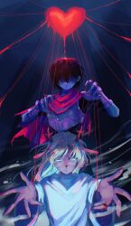 1girl 1other absurdres animal_ears antlers armor black_hair blood blue_skin breastplate colored_eyelashes colored_skin commentary deer_antlers deer_ears deer_girl deltarune english_commentary furry furry_female highres horns kris_(dark_world)_(deltarune) kris_(deltarune) long_hair nebbeli noelle_holiday noelle_holiday_(dark_world) puppet_strings red_scarf robe scarf short_hair soul_(deltarune) sweat thorn_ring_(deltarune) weird_route_(deltarune) white_robe
