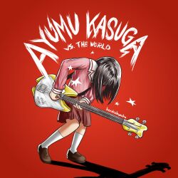 artist_name azumanga_daioh&#039;s_school_uniform azumanga_daiou bent_over black_hair breasts brown_shoes character_name commentary copyright_name electric_bass_guitar guitar guitar_strap hashtag-only_commentary hendraibyouka highres holding holding_guitar holding_instrument instrument kasuga_ayumu loafers long_sleeves medium_hair neck_ribbon parody pink_serafuku pink_shirt playing_guitar pleated_skirt poster_parody red_background red_ribbon red_skirt red_trim ribbon romaji_text sailor_collar school_uniform scott_pilgrim_(series) scott_pilgrim_vs_the_world_(movie) serafuku shadow shirt shoes signature simple_background skirt small_breasts socks star_(symbol) symbol-only_commentary white_sailor_collar white_socks winter_uniform