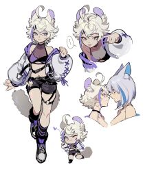 2girls :3 ahoge androgynous belt black_belt black_bra black_footwear bra chest_belt chibi chinchilla_ears chinchilla_girl chinchilla_tail cross-laced_clothes cross-laced_sleeves halterneck highres jacket long_sleeves multiple_belts multiple_girls multiple_views nail_polish navel open_clothes open_jacket original puffy_long_sleeves puffy_sleeves purple_bra purple_nails purple_trim qin_(7833198) short_hair simple_background sketch_background socks solo_focus spiked_hair stomach striped_clothes striped_socks sweater_guard tsurime two-tone_bra underwear white_background white_hair