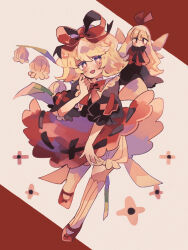 2girls black_ribbon black_shirt black_skirt blonde_hair bloomers blue_eyes blush bow bubble_skirt cross-shaped_pupils fairy_wings flower frilled_shirt frilled_shirt_collar frilled_sleeves frills full_body hair_ribbon highres kneehighs legs lily_of_the_valley long_hair looking_at_viewer medicine_melancholy multiple_girls no_mouth open_mouth puffy_short_sleeves puffy_sleeves ratto_(mobilis_1870) red_shirt red_skirt ribbon shirt short_hair short_sleeves skirt smile socks su-san symbol-shaped_pupils touhou underwear wings