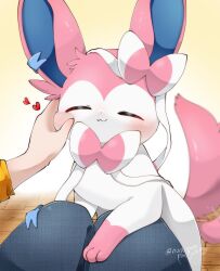 1other :3 =_= blush bow cheek_pinching commentary_request facing_viewer gen_6_pokemon highres nintendo pinching pink_bow pokemon pokemon_(creature) pokemon_focus pon_(nurunuruparty26) sylveon tail tail_wagging twitter_username white_bow wooden_floor