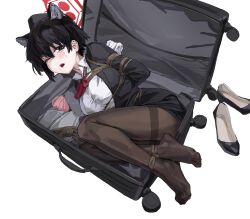 1girl a_tea animal_ear_fluff animal_ears arms_behind_back black_eyes black_hair black_pantyhose blazer blue_archive blush bow bowtie box breasts collared_shirt full_body gloves halo hat highres in_box in_container jacket large_breasts looking_at_viewer one_eye_closed open_mouth pantyhose red_bow red_bowtie shibari shibari_over_clothes shirt shoes short_hair solo sweatdrop teeth tsubaki_(blue_archive) upper_teeth_only white_background white_gloves white_shirt