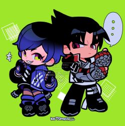 Rule 34 | ..., 1boy, 1girl, black hair, black shoes, clenched hands, deformed, fingerless gloves, full body, gloves, green background, grin, high contrast, highres, hood, hoodie, kazama jin, kotorai, looking at another, purple hair, red eyes, reina (tekken), shoes, short hair, simple background, smile, smirk, spoken ellipsis, standing, tekken, tekken 8, yellow eyes