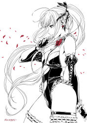 Rule 34 | 1girl, bare shoulders, breasts, commentary request, cross hair ornament, dead or alive, dead or alive 5, elbow gloves, expressionless, fingerless gloves, frilled leotard, frilled thighhighs, frills, gloves, hair ornament, highleg, highleg leotard, hiragoma, leotard, long hair, marie rose, monochrome, parted lips, petals, profile, small breasts, solo, spot color, thigh strap, thighhighs, twintails, very long hair