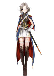 1girl absurdres arm_at_side banner_of_the_maid belt black_thighhighs blue_capelet blue_eyes blush boots breasts capelet character_request epaulettes female_focus full_body garter_straps gloves grey_hair henlongjianf highres looking_at_viewer medium_breasts red_capelet sheath sheathed short_hair simple_background skirt smile solo standing sword thigh_boots thighhighs weapon white_background white_gloves white_skirt white_thighhighs