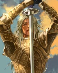 1boy androgynous armor arms_up breastplate chainmail cloud commentary crucible_knight elden_ring elden_ring_nightreign english_commentary executor_(elden_ring) gold_armor grey_eyes grey_hair highres holding holding_sword holding_weapon katana knight long_hair looking_ahead one_eye_covered outdoors sky solo sword upper_body weapon yujia0412