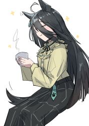 Rule 34 | 1girl, absurdres, ahoge, animal ears, black hair, black ribbon, black skirt, blush, closed eyes, closed mouth, cup, ear tag, earrings, frilled shirt, frills, hair between eyes, hands up, highres, holding, holding cup, horse ears, horse girl, horse tail, jewelry, long bangs, long hair, long hair between eyes, long sleeves, manhattan cafe (umamusume), mitsune (3chune), multicolored hair, neck ribbon, plaid clothes, plaid skirt, ribbon, shirt, shirt tucked in, simple background, single earring, sitting, skirt, smile, solo, tail, thighhighs, umamusume, very long hair, white background, white hair, yellow shirt