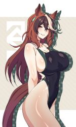 1girl alternate_costume animal_ears arms_behind_back artist_logo bad_id bad_twitter_id bare_shoulders black_one-piece_swimsuit blush breasts brown_hair cero_rains commentary covered_navel cowboy_shot earrings english_commentary grin hair_between_eyes highleg highleg_one-piece_swimsuit highres horse_ears horse_girl horse_tail jewelry large_breasts logo long_hair looking_at_viewer multicolored_hair one-piece_swimsuit parted_lips purple_eyes shadow sideboob single_earring smile solo streaked_hair swimsuit symboli_rudolf_(umamusume) tail two-tone_swimsuit umamusume wet wet_clothes wet_swimsuit white_hair