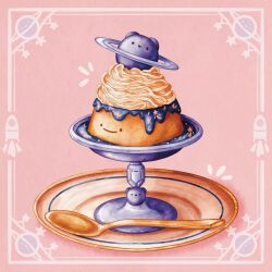 abbey_and_bear animal-themed_food bear bowl dripping food food_focus glass_bowl no_humans notice_lines original picture_frame pink_background planet planetary_ring plate pudding rocket shadow spoon star_(symbol) syrup