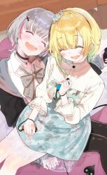 2girls aizawa_ema aizawa_ema_(3rd_costume) asumi_sena asumi_sena_(4th_costume) asymmetrical_sidelocks black_choker black_jacket black_thighhighs blonde_hair bossun_(laetus) bow bowtie choker closed_eyes collared_shirt commentary cross_hair_ornament dress earrings floral_print_dress flower gradient_hair grey_bow grey_bowtie grey_hair hair_flaps hair_flower hair_ornament hairband hairpin heart heart_tail highres jacket jewelry loose_bowtie medium_dress medium_hair multicolored_hair multiple_girls nintendo_switch open_mouth parted_bangs plaid_bow plaid_bowtie plaid_clothes see-through_dress_layer shirt sitting sitting_on_person streaked_hair tail thighhighs three-quarter_sleeves virtual_youtuber vspo! white_shirt wolf_cut