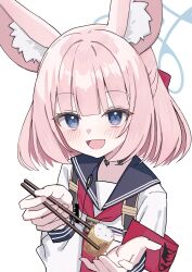 1girl absurdres animal_ear_fluff animal_ears armband ascot blue_archive blue_eyes blush chopsticks fox_ears fox_girl highres holding holding_chopsticks inaba_reito niko_(blue_archive) open_mouth pink_hair red_armband red_ascot shirt short_hair solo white_shirt