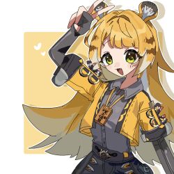 1girl animal_ear_fluff animal_ears blonde_hair breasts fingerless_gloves gloves green_eyes jacket ju_fufu long_hair looking_at_viewer multicolored_hair open_mouth shirt shorts smile solo tail tiger_ears tiger_girl tiger_tail user_yshc8755 zenless_zone_zero