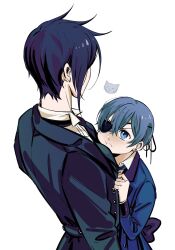 2boys absurdres age_difference bishounen black_hair black_suit blue_eyes blue_hair blush bow butler cat child ciel_phantomhive closed_mouth derivative_work earrings eyepatch formal_clothes frown hair_between_eyes height_difference highres jacket jewelry kuroshitsuji long_sleeves male_focus multiple_boys necktie onii-shota ouji_fashion ribbon sebastian_michaelis shirt short_hair sidelocks simple_background size_difference suit uneasywolf victorian white_background