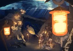 bag can catfish diving_helmet feeding fish helmet highres hitogome hitomai house ladder lamp lantern light_particles light_rays md5_mismatch original plant resolution_mismatch shoulder_bag source_smaller stairs underwater wristband