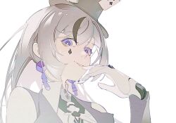 1girl bare_shoulders biting_own_finger black_hat blunt_ends chinese_commentary club_(shape) collared_shirt commentary dice dice_earrings earrings facial_tattoo grey_hair hat highres hollning joints lilith_(pgr) long_hair looking_at_viewer looking_down mechanical_hands poker punishing:_gray_raven purple_eyes ringed_eyes robot_joints shirt simple_background sleeveless sleeveless_shirt smile solo spade_(shape) tattoo top_hat upper_body vest waistcoat white_background