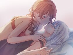 2girls bare_arms black_tank_top blue_eyes blush bra brown_hair grey_hair hand_on_another&#039;s_back hand_on_another&#039;s_shoulder highres imminent_kiss long_hair lying_on_person mochizuki_honami multiple_girls parted_lips pink_background ponytail project_sekai red_bra sami_kura tank_top underwear yoisaki_kanade yuri