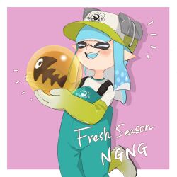 1girl aqua_jumpsuit baseball_cap blue_hair boots border closed_eyes commentary_request english_text gloves golden_egg_(splatoon) green_boots green_gloves hat highres inkling inkling_girl inkling_player_character long_hair nintendo open_mouth outside_border pink_background pointy_ears print_hat rubber_boots rubber_gloves salmon_run_(splatoon) simple_background smile solo splatoon_(series) splatoon_3 teeth tentacle_hair white_border yake_zake