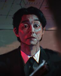1boy black_eyes black_hair black_necktie black_suit blood blood_on_clothes blood_on_face blood_on_neck closed_mouth commentary english_commentary formal_clothes gun handgun highres indoors looking_at_viewer male_focus multiple_boys necktie revolver s&amp;w_model_19 sam_yang short_hair solo squid_game suit the_salesman_(squid_game) weapon